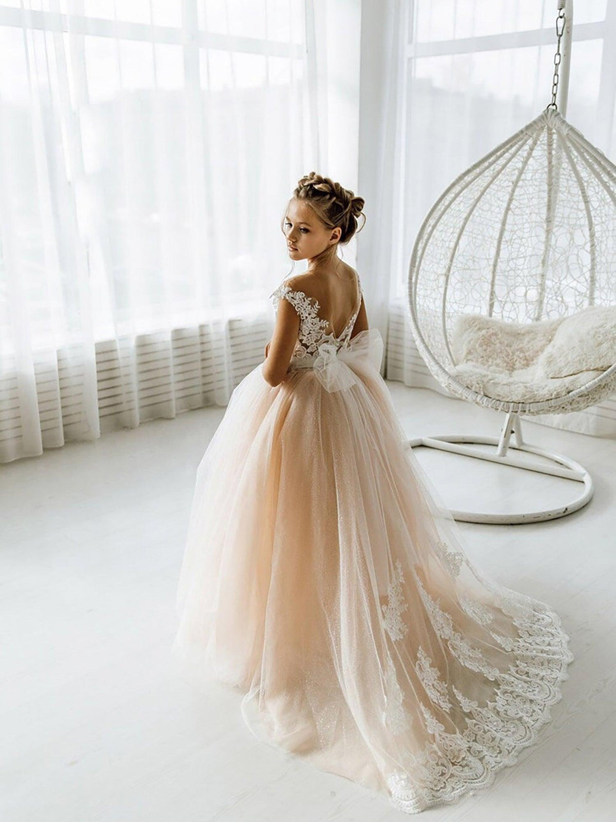 Long Ball Gown Tulle Open Back Boho Flower Girl Dresses with bow - VelvetHem