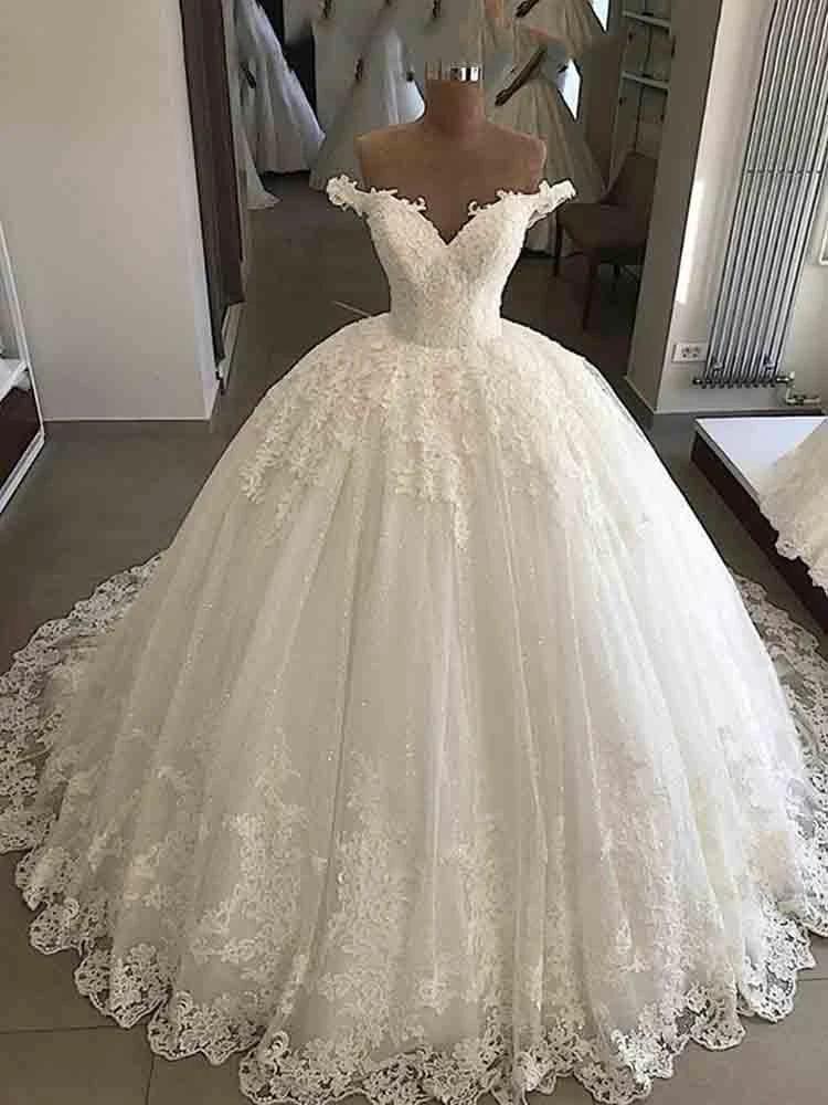 Long Ball Gown V-Neck Lace Tulle Wedding Dresses (ZD15912) - VelvetHem