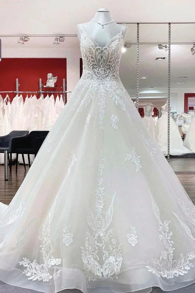 Long Ball Gown V-neck Spaghetti Straps Tulle Lace Wedding Dress (ZD15159) - VelvetHem