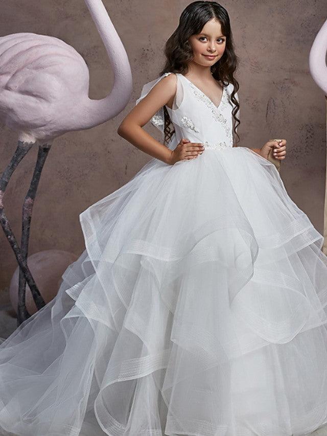 Long Ball Gown V Neck Tulle Party Birthday Flower Girl Dresses - VelvetHem