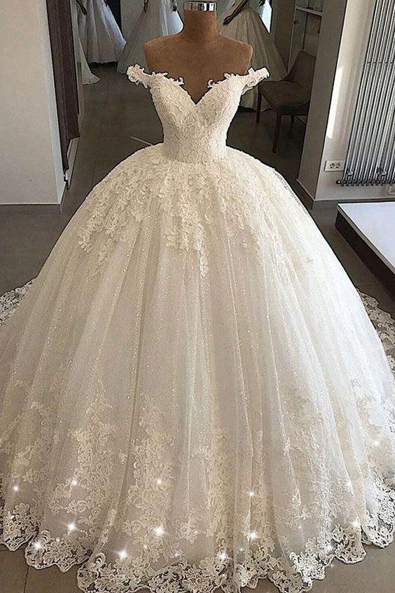 Long Ball Gowns Off-the-shoulder Lace Tulle Wedding Dresses (ZD14467)