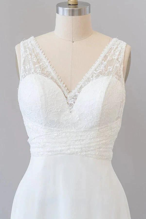 Long Empire A-line V-neck Lace Chiffon Open Back Wedding Dress (ZD14390)