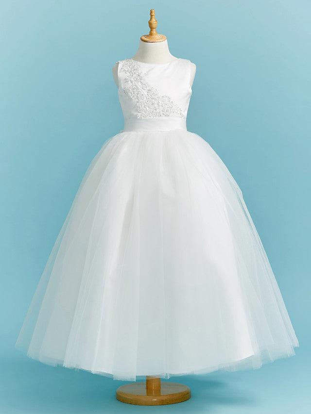 Long Flower Girl Dresses Ball Gown Crew Neck Lace Tulle Junior Bridesmaid Dress - VelvetHem