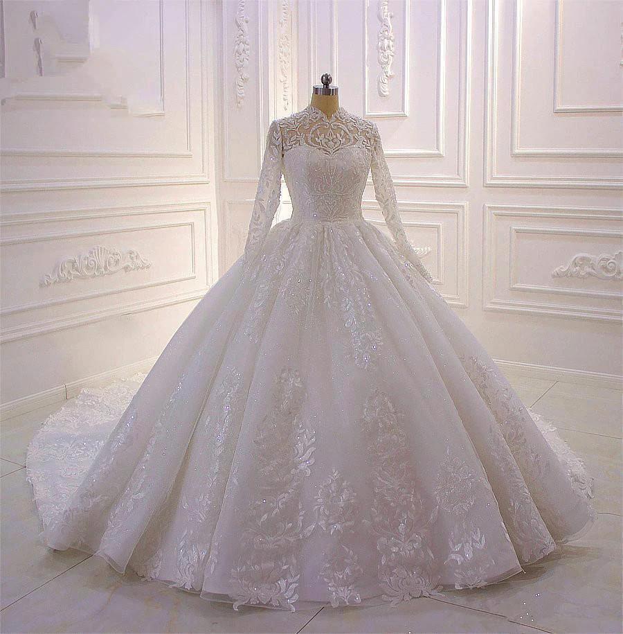 Long High neck Appliques Lace Ball Gown Wedding Dress with Sleeves (ZD15186)