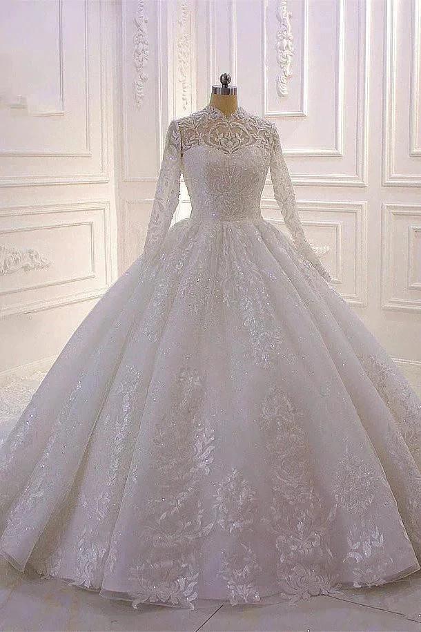 Long High neck Appliques Lace Ball Gown Wedding Dress with Sleeves (ZD15186)