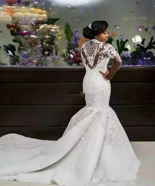 Long Mermaid High Neck Beads Lace Appliques Wedding Dress with Sleeves (ZD15980)