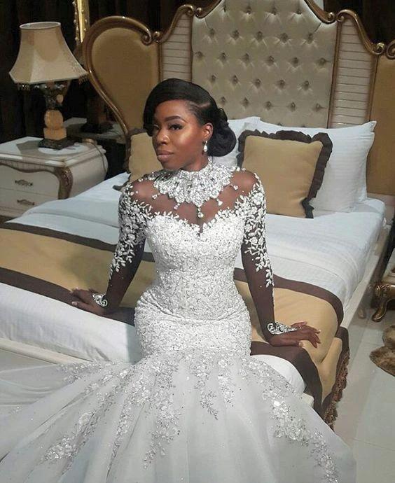 Long Mermaid High Neck Beads Lace Appliques Wedding Dress with Sleeves (ZD15980) - VelvetHem
