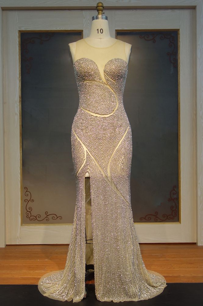 Long Mermaid Illusion Neckline Front Split Sequined Prom Dresses - VelvetHem