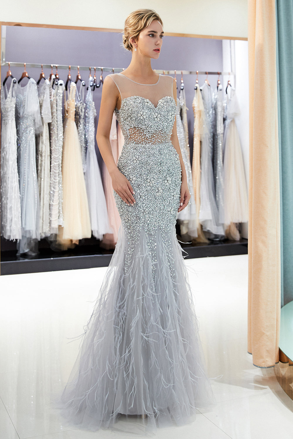 Long Mermaid Jewel Crystal Sqeuined Tulle Evening Dresses