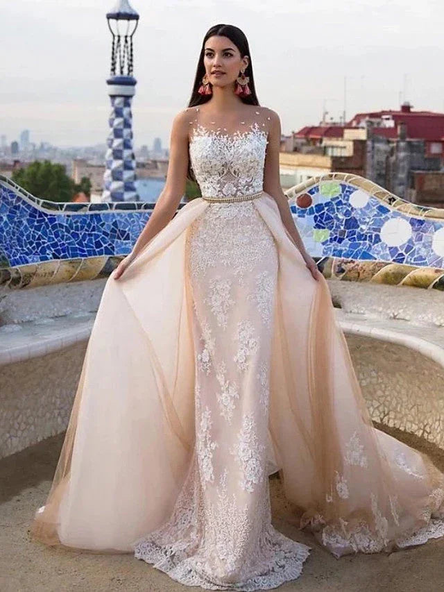Long Mermaid Jewel Neck Chapel Train Tulle Lace Wedding Dresses (ZD15942) - VelvetHem