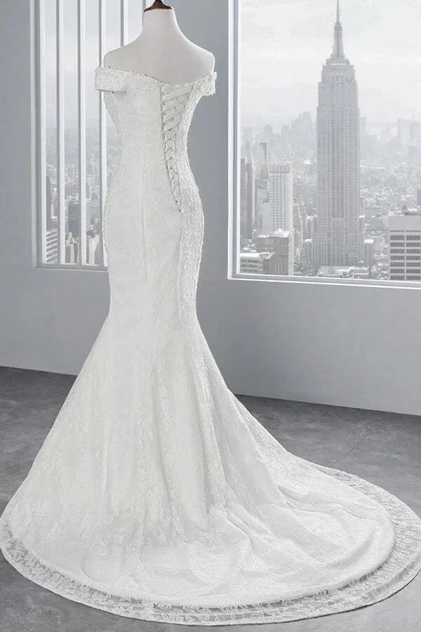 Long Mermaid Lace Off Shoulder Lace-up Wedding Dress (ZD14413)