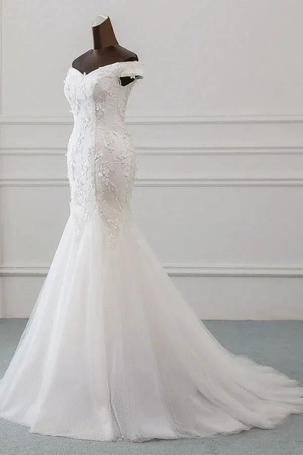 Long Mermaid Off Shoulder Lace-up Applique Lace Wedding Dress (ZD14414)