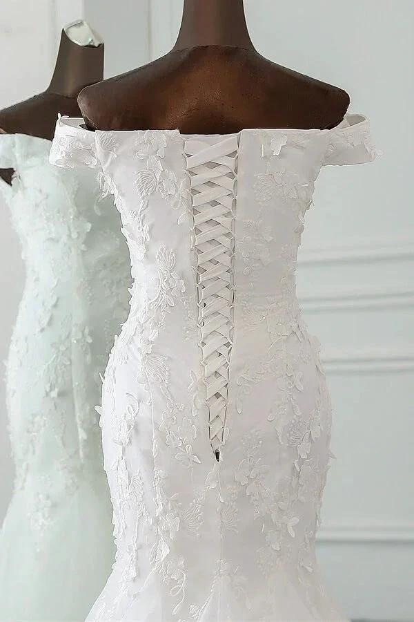 Long Mermaid Off Shoulder Lace-up Applique Lace Wedding Dress (ZD14414)