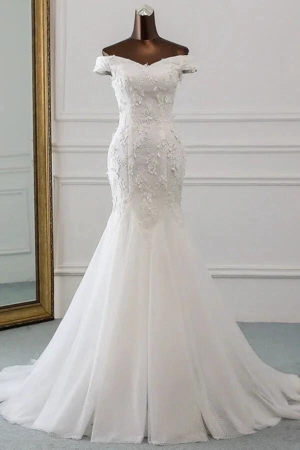 Long Mermaid Off Shoulder Lace-up Applique Lace Wedding Dress (ZD14414) - VelvetHem
