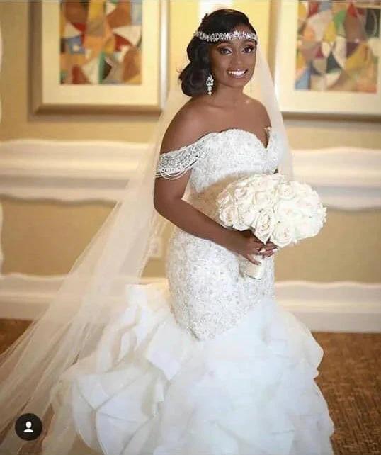 Long Mermaid Off The Shoulder Appliques Lace Wedding Dress (ZD15983) - VelvetHem