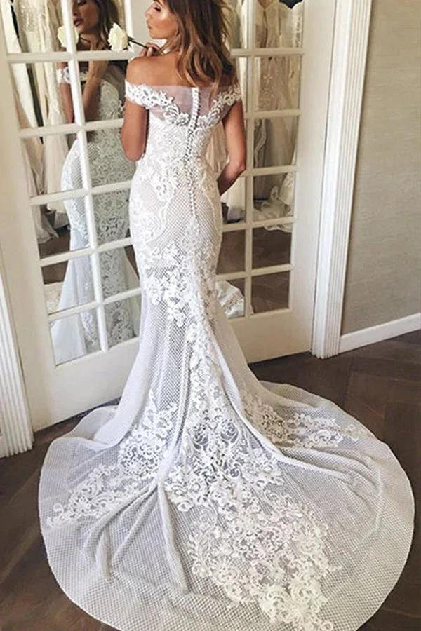 Long Mermaid Off The Shoulder Appliques Sweep Train Wedding Dress (ZD14992)