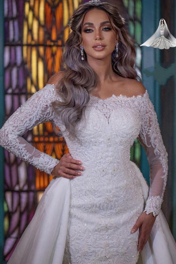 Long Mermaid Off-the-Shoulder Detachable Wedding Dresses With Sleeves (ZD15043)