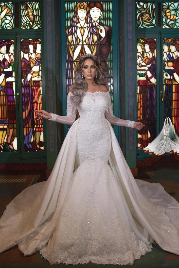 Long Mermaid Off-the-Shoulder Detachable Wedding Dresses With Sleeves (ZD15043)