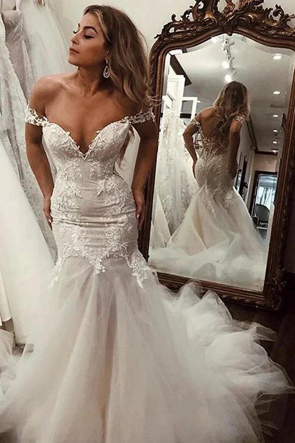 Long Mermaid Off the Shoulder Lace Backless Wedding Dresses (ZD15987)