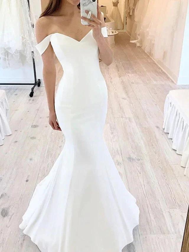 Long Mermaid Off the Shoulder Satin Wedding Dresses (ZD15961) - VelvetHem