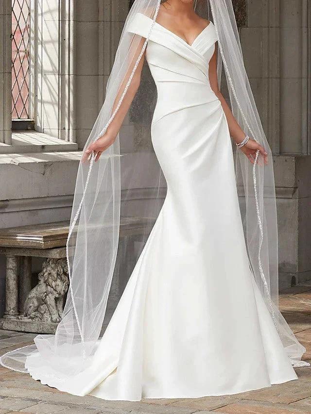 Long Mermaid Off the Shoulder Satin Wedding Dresses (ZD15970) - VelvetHem