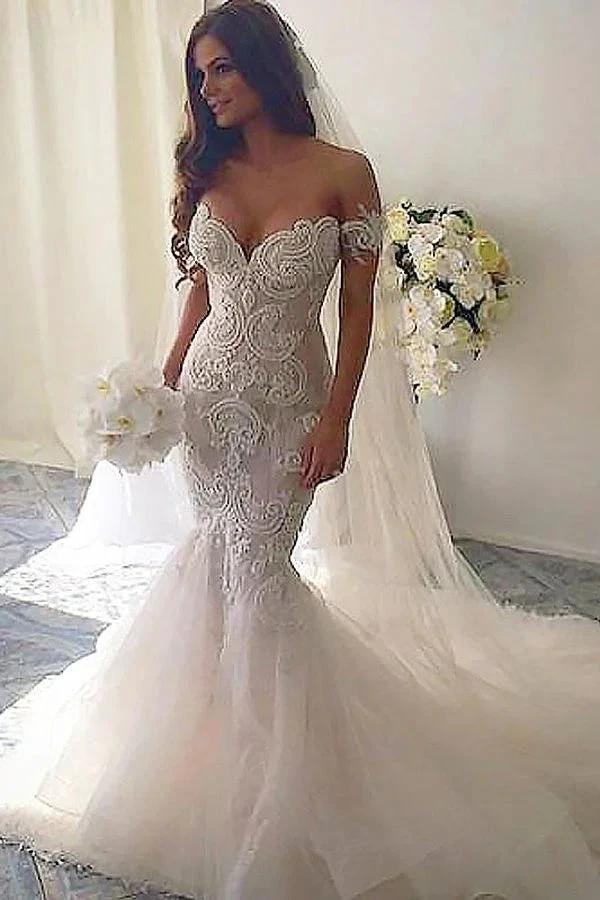 Long Mermaid Off-the-Shoulder Tulle Lace Wedding Dresses (ZD15988) - VelvetHem