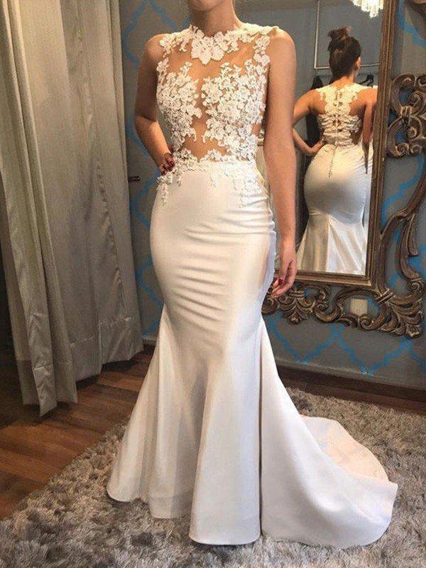 Long Mermaid Satin Applique Lace Court Train Wedding Dresses (ZD15926)