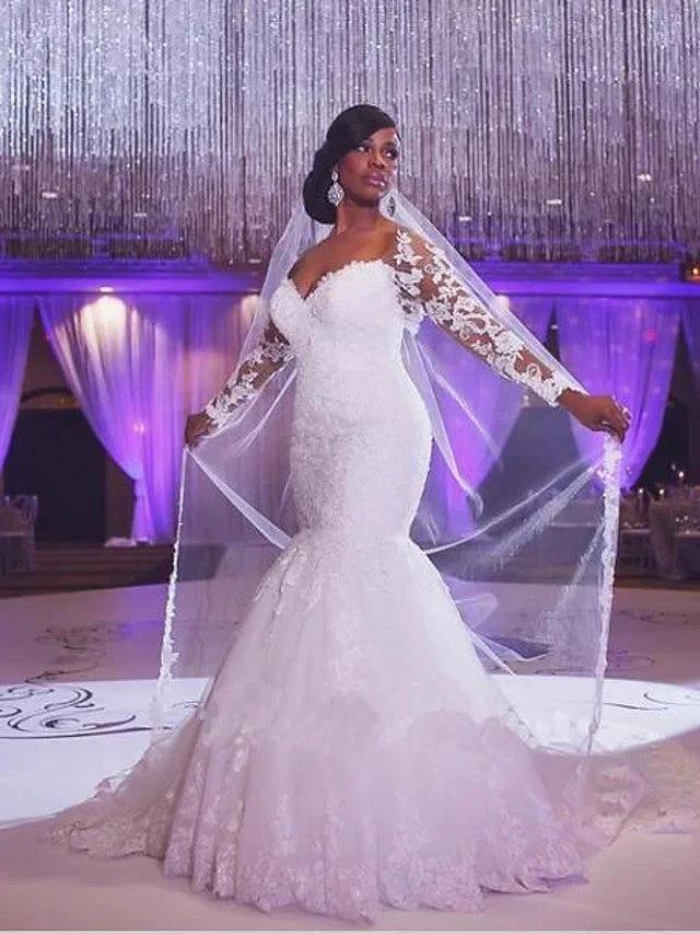 Long Mermaid Scoop Neck Court Train Organza Wedding Dresses with Sleeves (ZD15950)