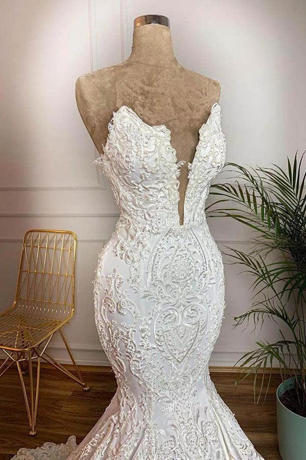 Long Mermaid Strapless Appliques Lace Satin Wedding Dress (ZD15800)