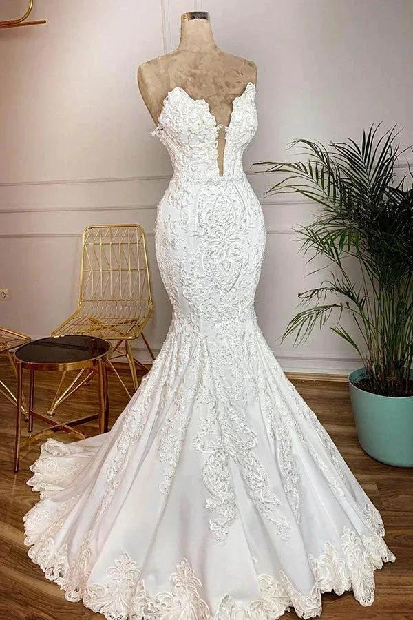 Long Mermaid Strapless Appliques Lace Satin Wedding Dress (ZD15800) - VelvetHem