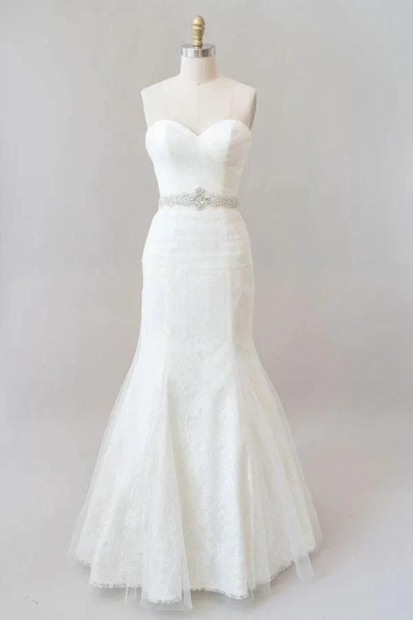 Long Mermaid Strapless Tulle Lace Wedding Dress (ZD14411)