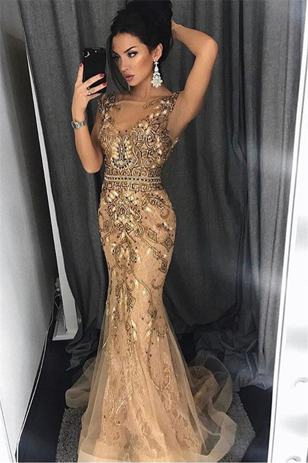 Long Mermaid Straps Beading Tulle Prom Dress