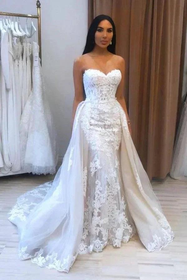Long Mermaid Sweetheart Appliques Lace Tulle Wedding Dress (ZD15065) - VelvetHem