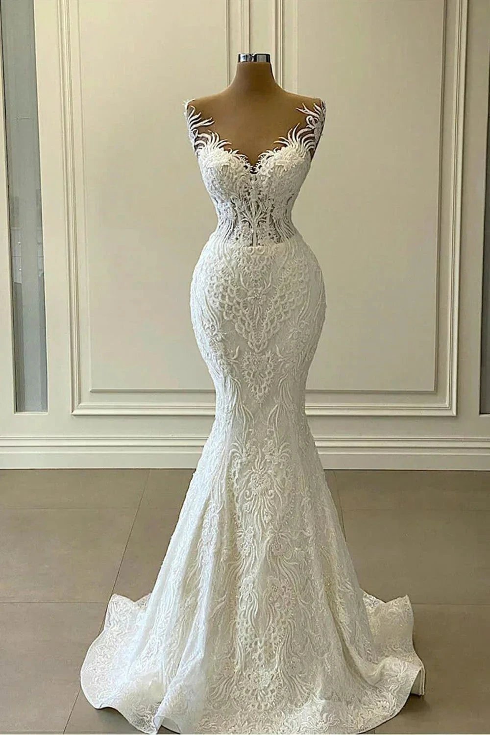 Long Mermaid Sweetheart Appliques Lace Wedding Dress With Detachable Train (ZD15192)