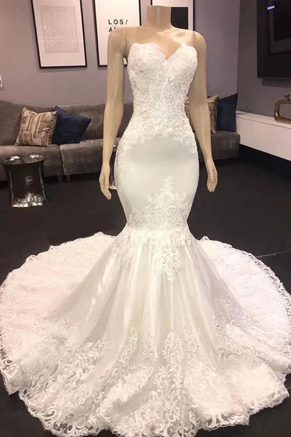 Long Mermaid Sweetheart Appliques Lace Wedding Dress (ZD15797) - VelvetHem