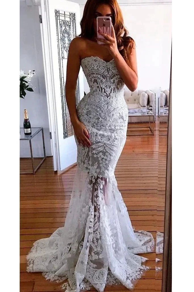 Long Mermaid Sweetheart Lace Appliques See through Wedding Dress (ZD15864) - VelvetHem