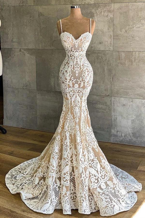 Long Mermaid Sweetheart Spaghetti Straps Appliques Lace Wedding Dress (ZD15130) - VelvetHem