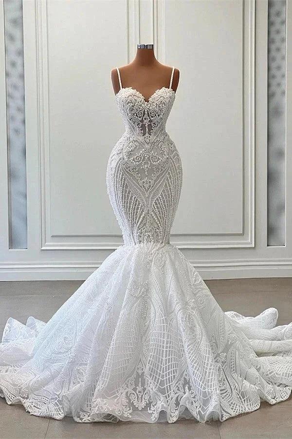 Long Mermaid Sweetheart Spaghetti Straps Tulle Beading Wedding Dress with Ruffles (ZD16704)