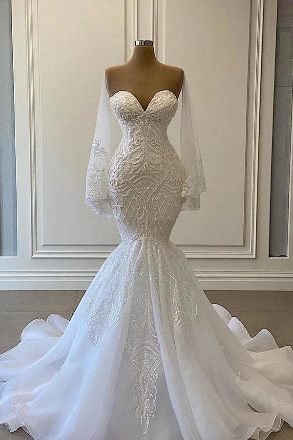 Long Mermaid Sweetheart Strapless Pearls Beadings Lace Wedding Dress with Sleeves (ZD15997)