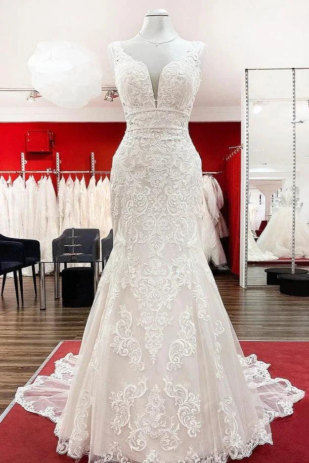 Long Mermaid Tulle Sleeveless Lace Backless Wedding Dress (ZD15255) - VelvetHem