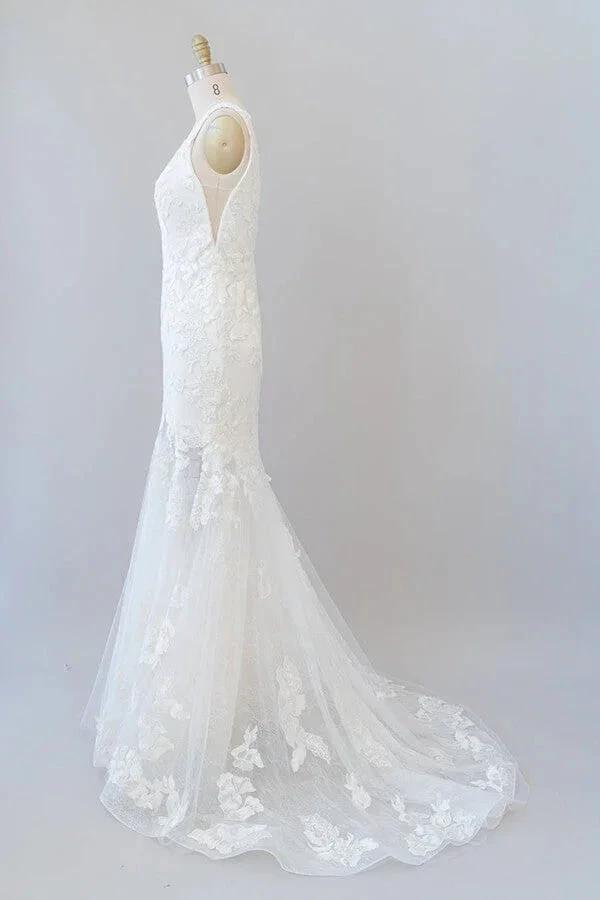 Long Mermaid V-neck Appliques Tulle Lace Wedding Dress (ZD14383)