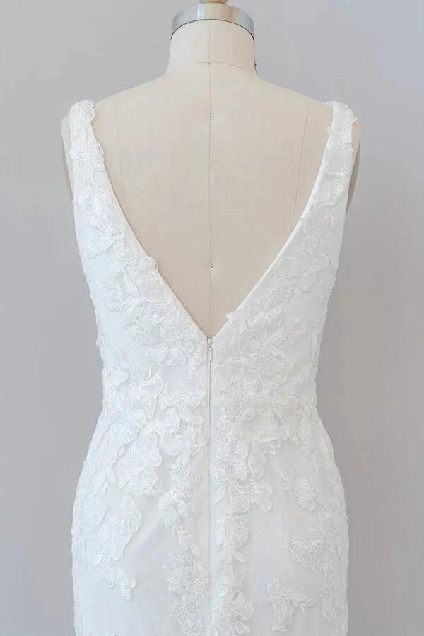 Long Mermaid V-neck Appliques Tulle Lace Wedding Dress (ZD14383)