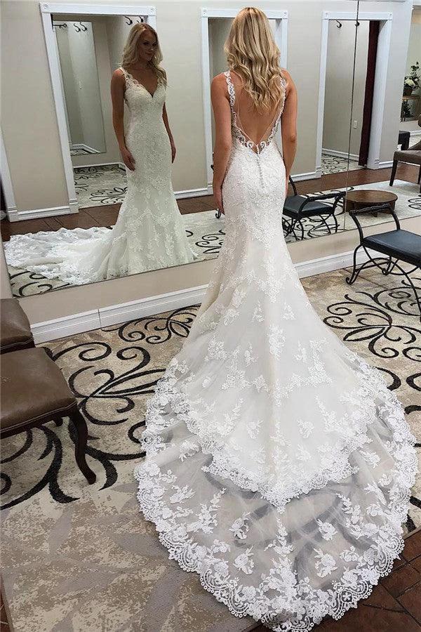 Long Mermaid V Neck Backless Applique Lace Charpel Train Wedding Dresses (ZD14342)