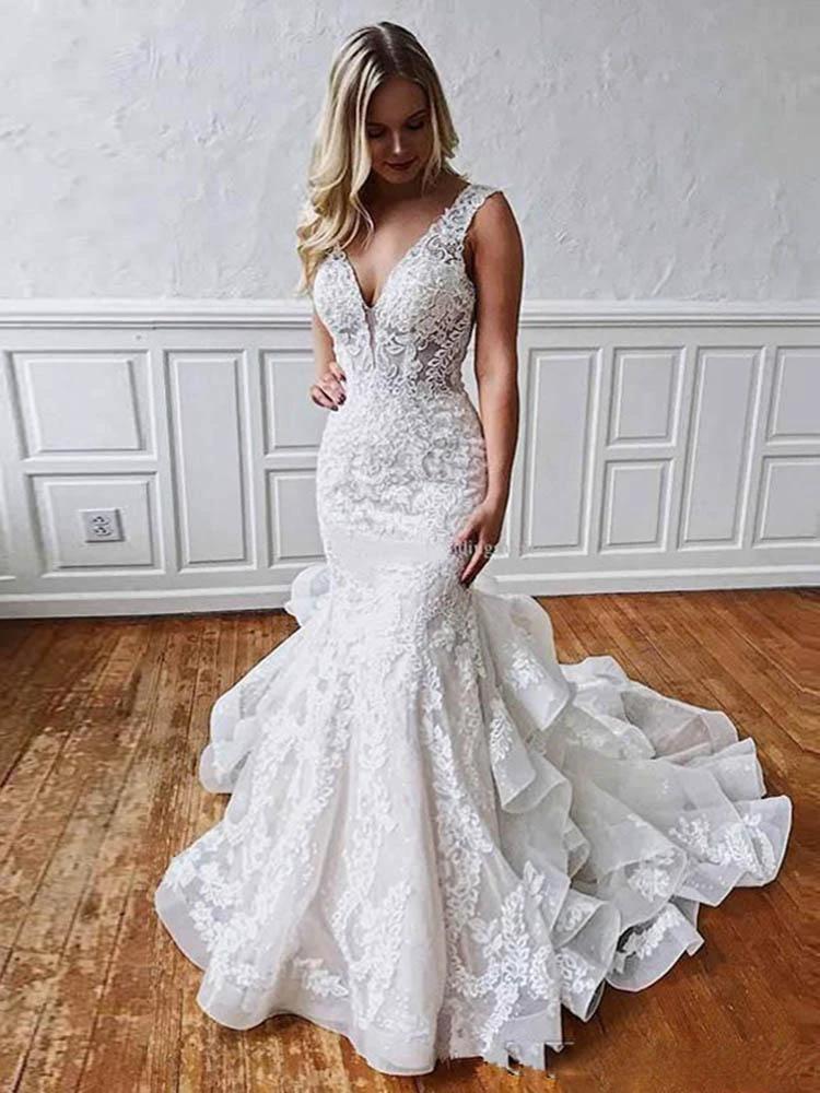 Long Mermaid V Neck Backless Lace Wedding Dresses (ZD15899) - VelvetHem