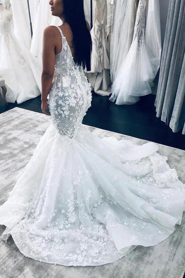 Long Mermaid V-neck Floral Beaings Straps Backless Wedding Dress (ZD15002)
