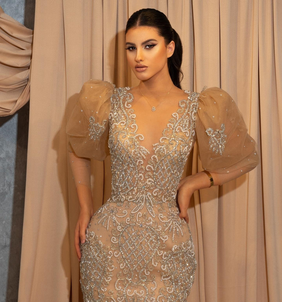 Long Mermaid V-neck Lace Prom Dress with Short Puffy Sleeves