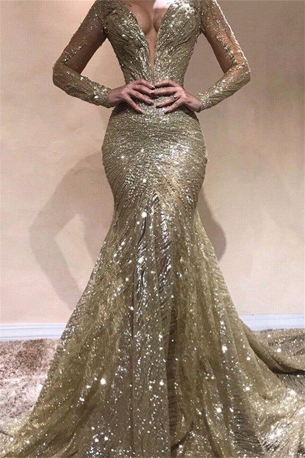Long Mermaid V-neck Sequined Prom Dress with Sleeves - VelvetHem