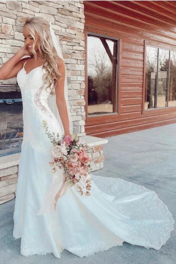 Long Mermaid V-neck Spaghetti Straps Appliques Lace Wedding Dress (ZD15068) - VelvetHem