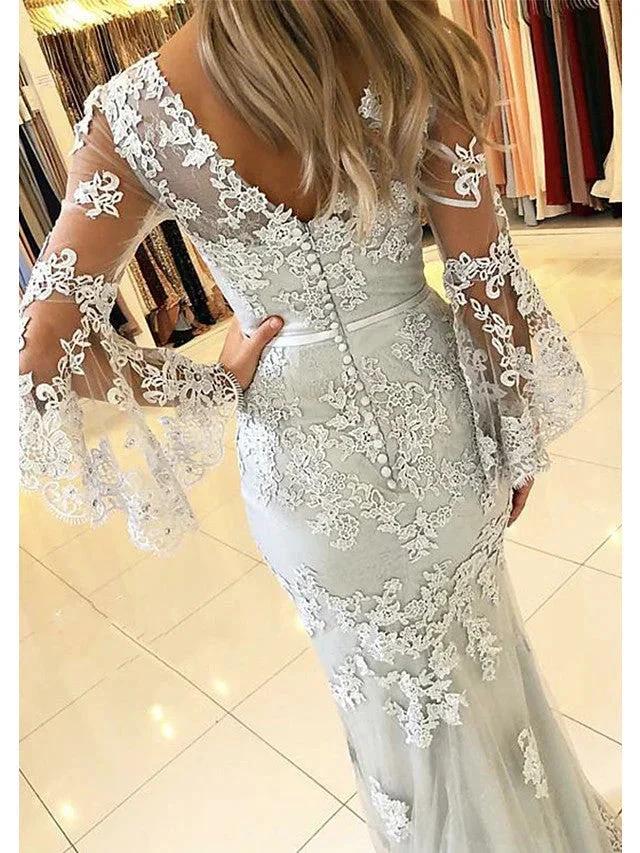 Long Mermaid V Neck Sweep Brush Train Lace Tulle Prom Dress with Sleeves (ZD15944)