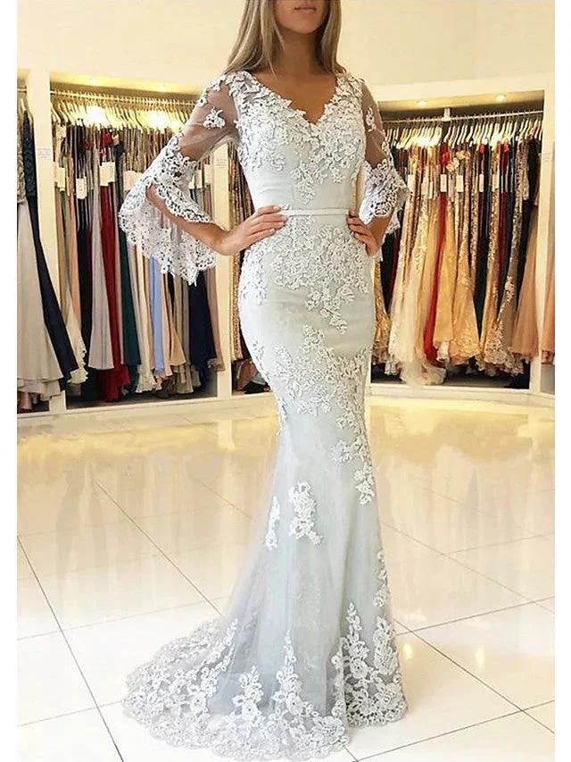 Long Mermaid V Neck Sweep Brush Train Lace Tulle Prom Dress with Sleeves (ZD15944) - VelvetHem